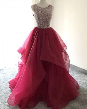 Burgundy Ruffled Beading Ball Gown Prom Dress PM1412