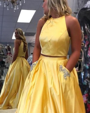 Simple Two Piece Yellow Satin Prom Dress with Beading Pockets PM1414