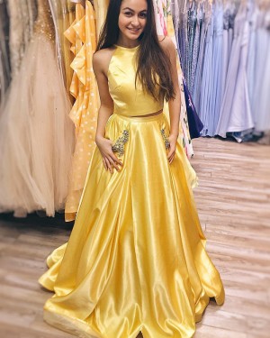 Simple Two Piece Yellow Satin Prom Dress with Beading Pockets PM1414