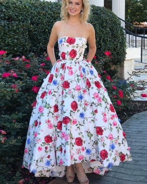 Sweetheart Floral Print Satin Prom Dress with Pockets PM1415