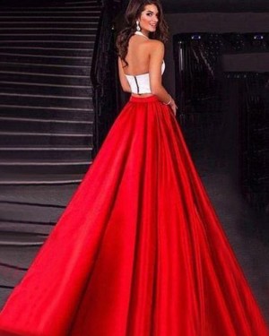 Simple Satin Halter Two Piece Prom Dress with Pockets PM1418