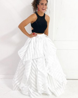 Two Piece Ruffled Black & White Strips Prom Dress PM1419