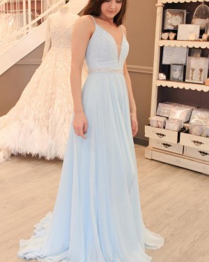 Sky Blue Beading Spaghetti Straps Tulle Prom Dress PM1420