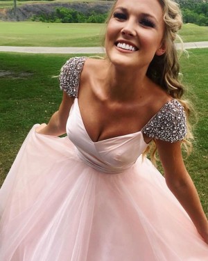 Simple Ruched Tulle V-neck Ball Gown Prom Dress with Caps PM1421