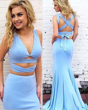 Simple Light Blue Satin V-neck Cutout Mermaid Prom Dress PM1422