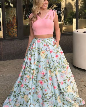 Floral Print Two Piece V-neck Cutout Prom Dress with Pockets PM1423