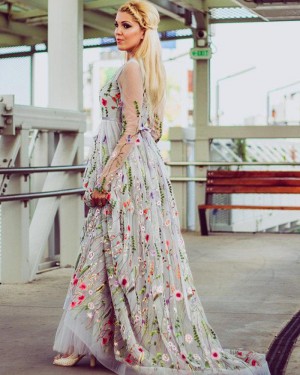 Jewel Floral Embroidery Pleated Prom Dress with Long Sleeves PM1427