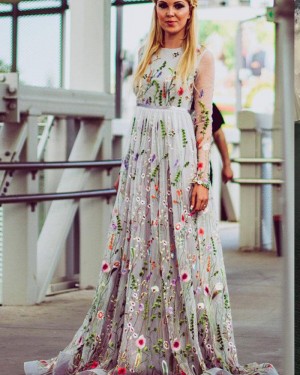 Jewel Floral Embroidery Pleated Prom Dress with Long Sleeves PM1427
