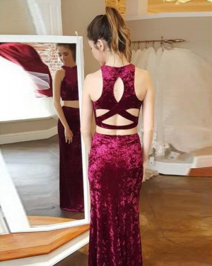 Two Piece Halter Burgundy Velvet Mermaid Prom Dress with Side Slit PM1428