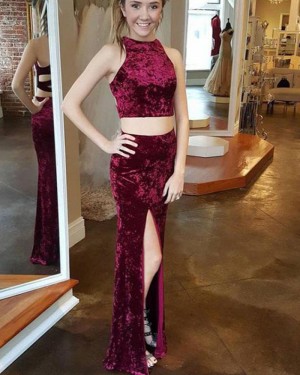 Two Piece Halter Burgundy Velvet Mermaid Prom Dress with Side Slit PM1428