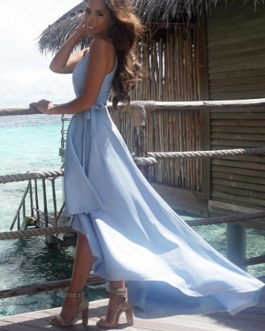 Simple High Low V-neck Satin Blue Pleated Prom Dress PM1431
