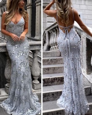 Spaghetti Straps Dusty Blue Sequined Mermaid Prom Dress PM1435