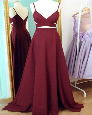 Simple Spaghetti Straps Burgundy Cutout Prom Dress PM1438