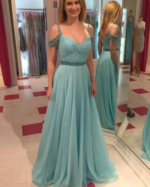 Simple Cold Shoulder Teal Tulle Beading Prom Dress PM1441