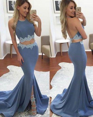Halter Blue Two Piece Appliqued Mermaid Prom Dress with Slit PM1444