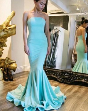 Simple Satin Cyan Strapless Mermaid Prom Dress PM1445