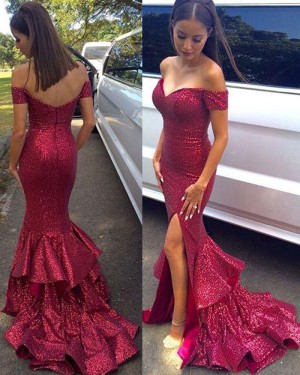 Red Mermaid Sequined Prom Dress with Side Slit PM1447
