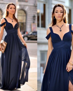 Cold Shoulder Navy Blue Chiffon Pleated Prom Dress PM1448