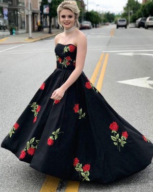 Floral Print Strapless Satin Black Long Prom Dress PM1450