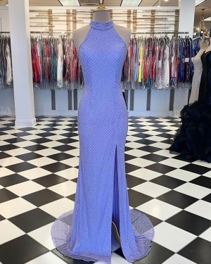 High Neck Fish Net Lace Blue Mermaid Formal Dress with Side Slit PM1802