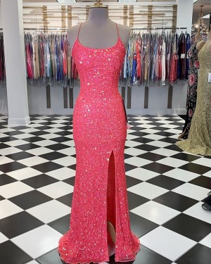 Coral Pink Spaghetti Straps Sequin Mermaid Formal Dress with Slit PM1804