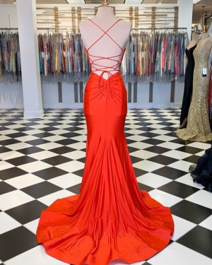 Simple Orange Spaghetti Straps Satin Mermaid Formal Dress PM1806