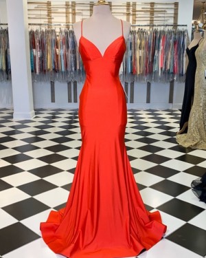 Simple Orange Spaghetti Straps Satin Mermaid Formal Dress PM1806