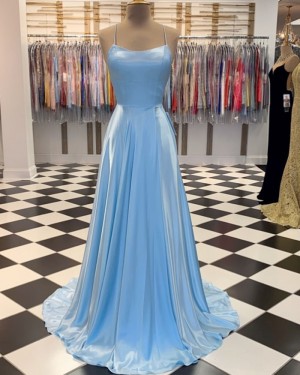 Simple Spaghetti Straps Light Blue Satin A-line Formal Dress PM1807