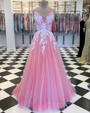 Peach Spaghetti Straps Tulle Pleated Formal Dress with Lace Applique PM1808
