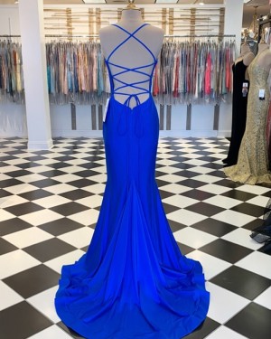 Blue Spaghetti Straps Satin Mermaid Formal Dress PM1809
