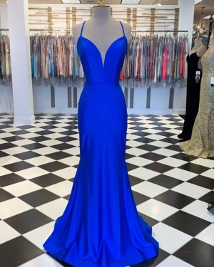 Blue Spaghetti Straps Satin Mermaid Formal Dress PM1809