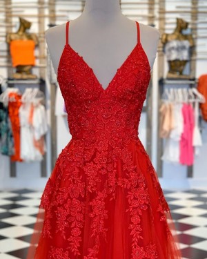 Red Spaghetti Straps Lace Appliqued Tulle Formal Dress PM1810