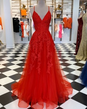 Red Spaghetti Straps Lace Appliqued Tulle Formal Dress PM1810