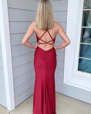 Simple Spaghetti Straps Burgundy Satin Mermaid Formal Dress PM1813