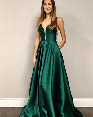Simple Green V-neck Satin Formal Dress with Pockets PM1815