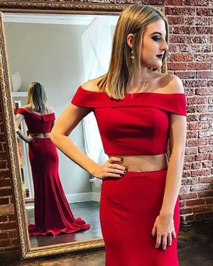 Two Piece Off the Shoulder Red Satin Mermaid Formal Dress PM1817
