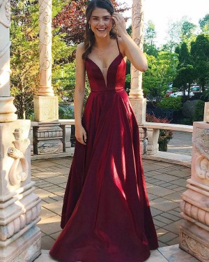 Simple Red Spaghetti Straps Satin Formal Dress with Pockets PM1820