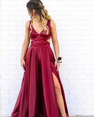 Simple Burgundy V-neck Cutout Satin Formal Dress with Side Slit PM1823