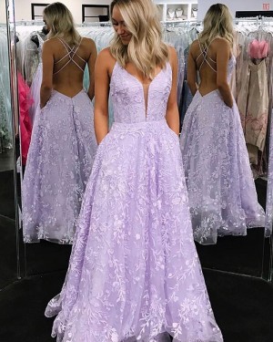 V-neck Lace Lavender Formal Dress with Pocket PM1824