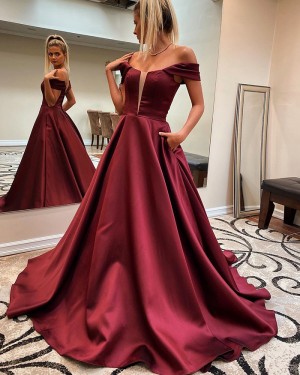 Burgundy V-neck Satin A-line Formal Dress with Pockets PM1829