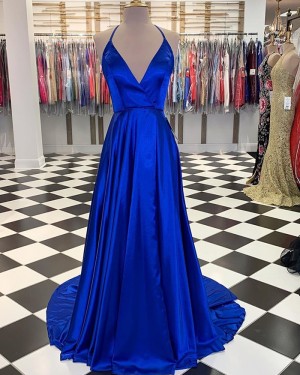 Simple Blue Satin Halter A-line Long Formal Dress with Slit PM1830