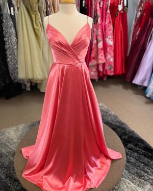 Simple Peach Pink Spaghetti Straps Ruched Satin Formal Dress PM1831