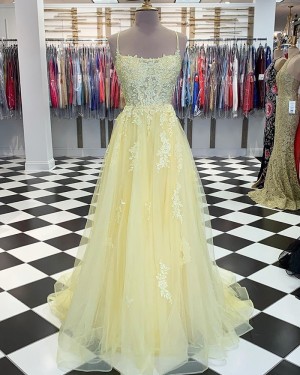 Light Yellow Spaghetti Strap Appliqued Tulle Formal Dress PM1832