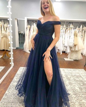 Navy Blue Off the Shoulder Tulle Pleated Formal Dress with Side Slit PM1833
