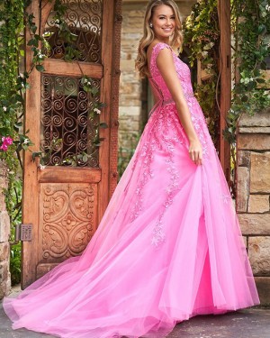Blush Pink Jewel Neck Lace Appliqued A-line Formal Dress PM1834