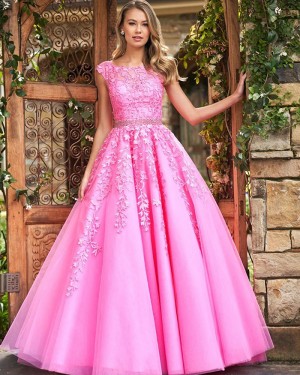 Blush Pink Jewel Neck Lace Appliqued A-line Formal Dress PM1834