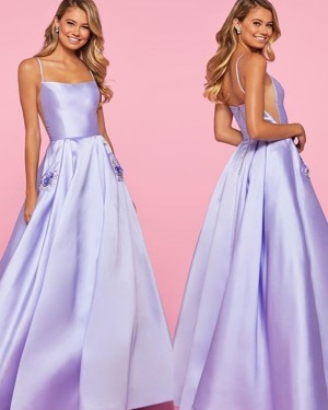 Lavender Satin Spaghetti Strap Formal Dress with Beading Pockets PM1835