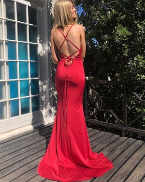 Simple Spaghetti Straps Red Mermaid Formal Dress PM1838