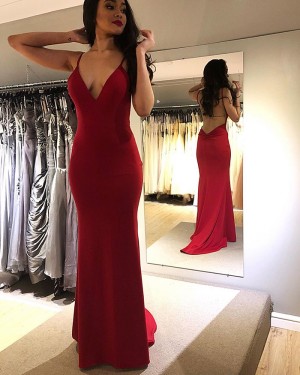 Simple Red Spaghetti Straps Mermaid Formal Dress PM1841