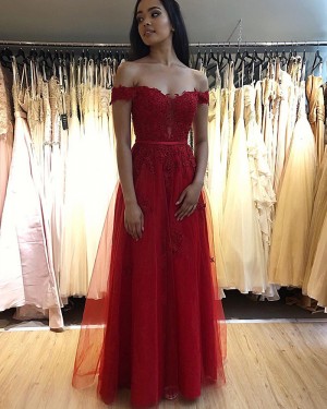 Lace Appliqued Off the Shoulder Red Formal Dress PM1844